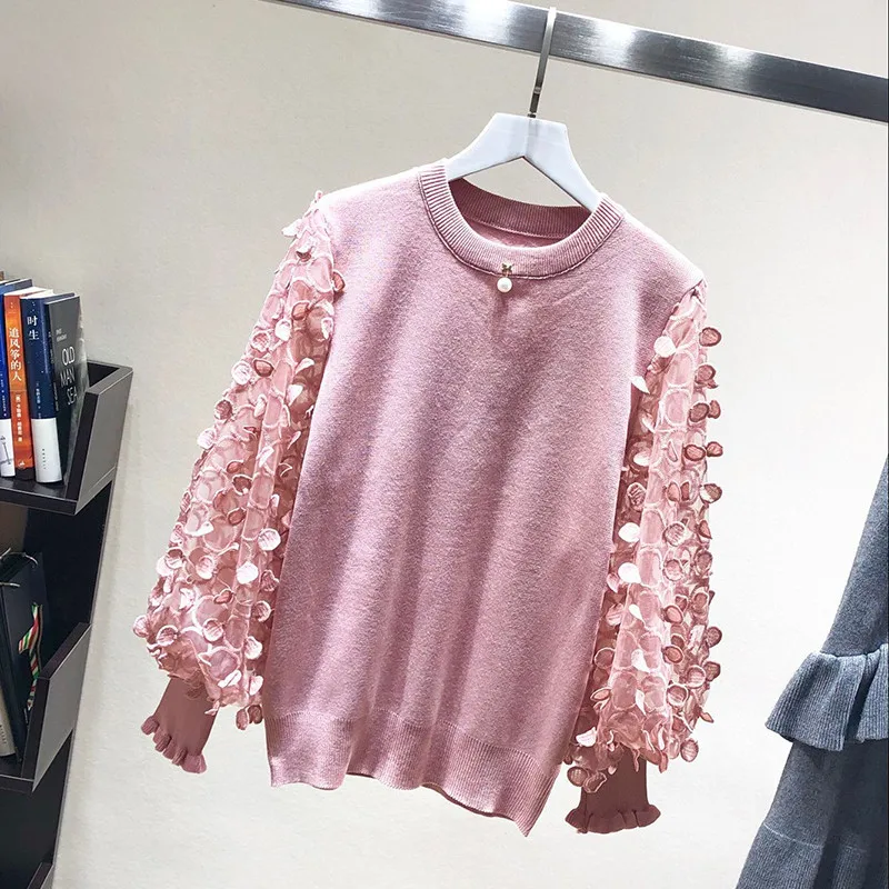 LUOSHA Women Autumn Winter Knitted Pullover And Sweater Female 3D Embroidery Lace Patchwork Lantern Sleeve Fashion Sueter Mujer | Женская