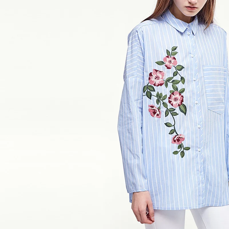 TFMLN Women Embroidered Blouses 2018 Spring Autumn Blue Striped Long Sleeve Shirt Tops New Blusas Camisas Femininas Female Blusa |