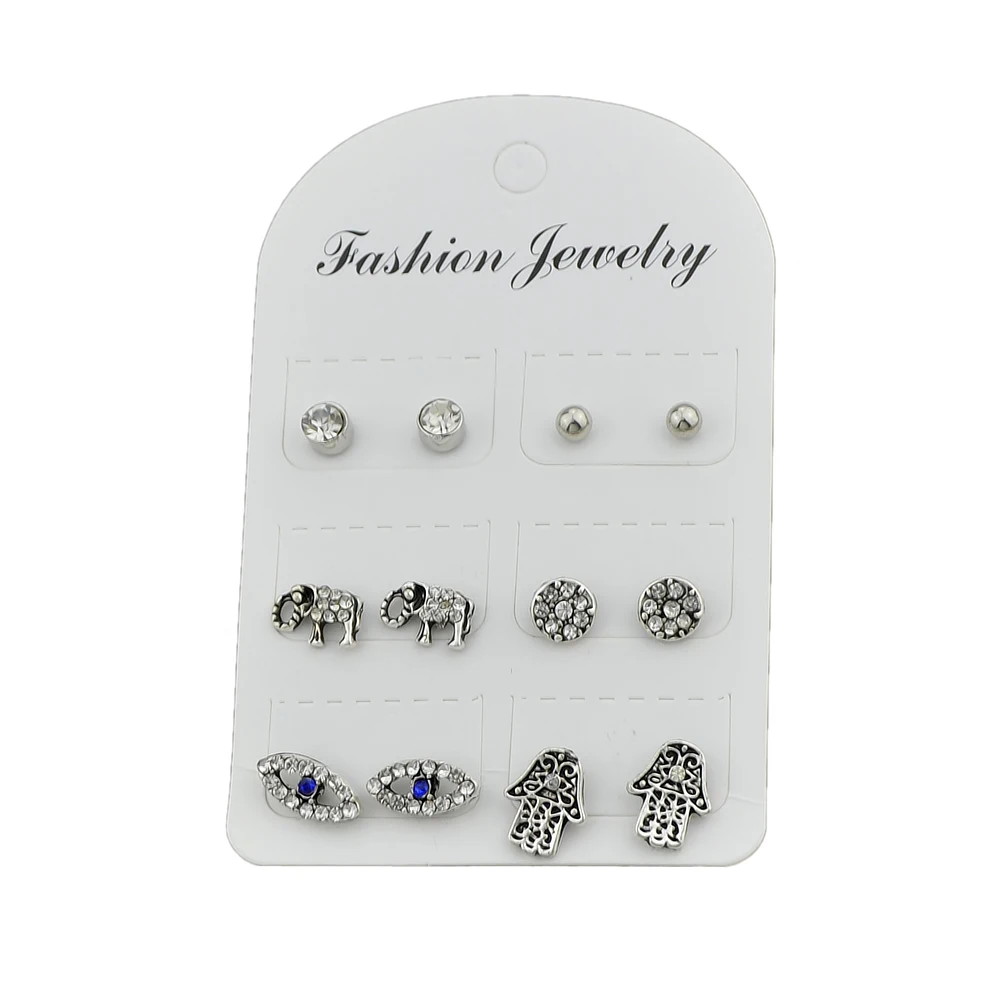 6 пар/компл. Rhinestone Золотая Цвет серебро слон руку рисунком глаз Серьги гвоздики