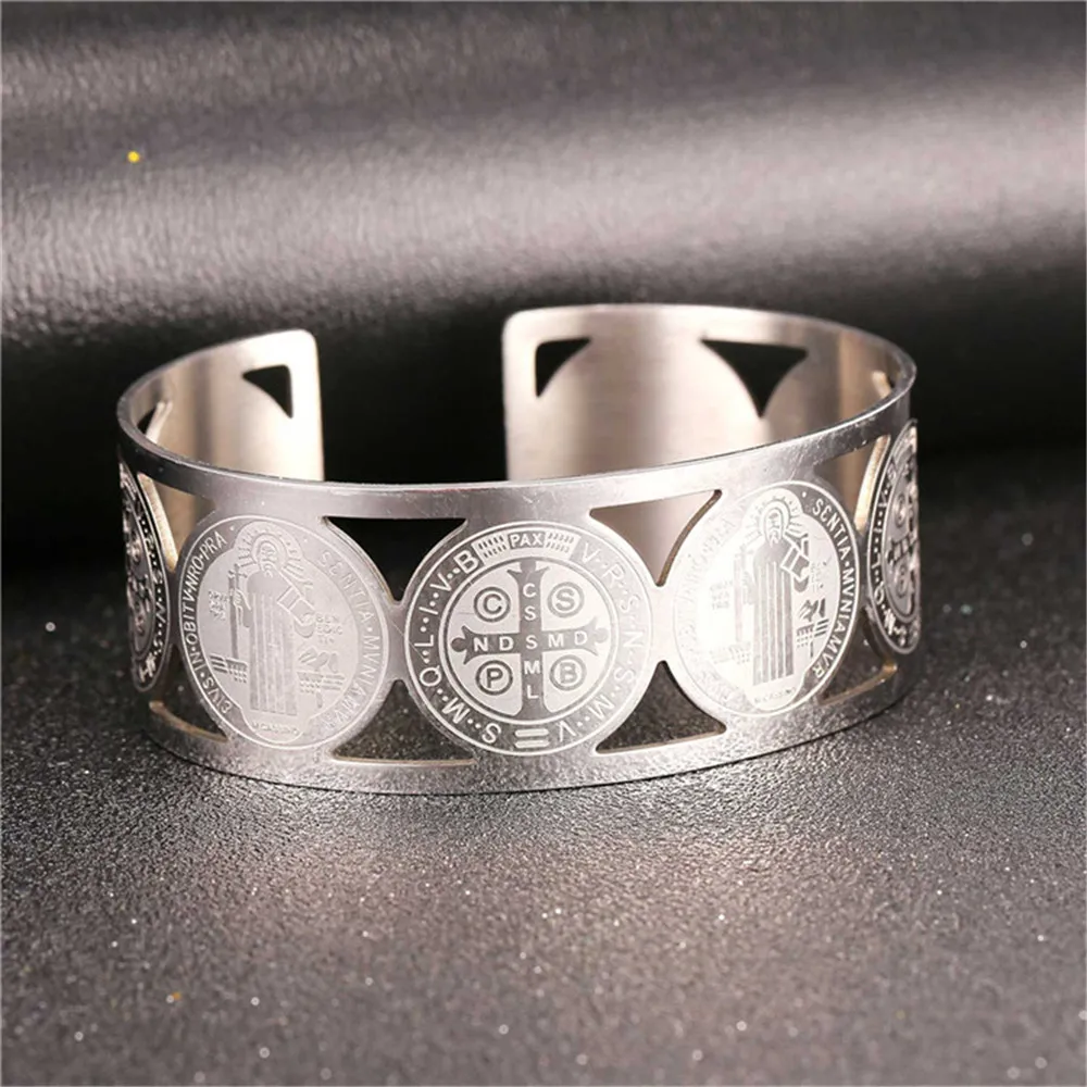 Старинные антикварные орден Святого Бенедикта Широкий Браслет манжета с крестом