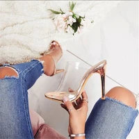 new fashion pvc slip on ladies slippers sexy thin heels party shoes for women champagne slides sandals size 35 40