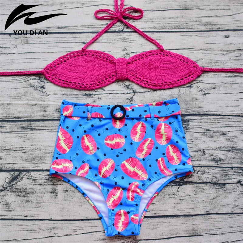 Летом Высокая Талия Бикини Крючком Розовый Топ Женщины Ручной Biquini 2016 Холтер