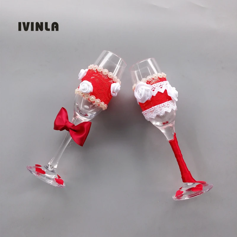 

1 pair/lot red lace Bowknot wedding Champagne Toasting Glasses Set wedding wine cup for wedding decoration