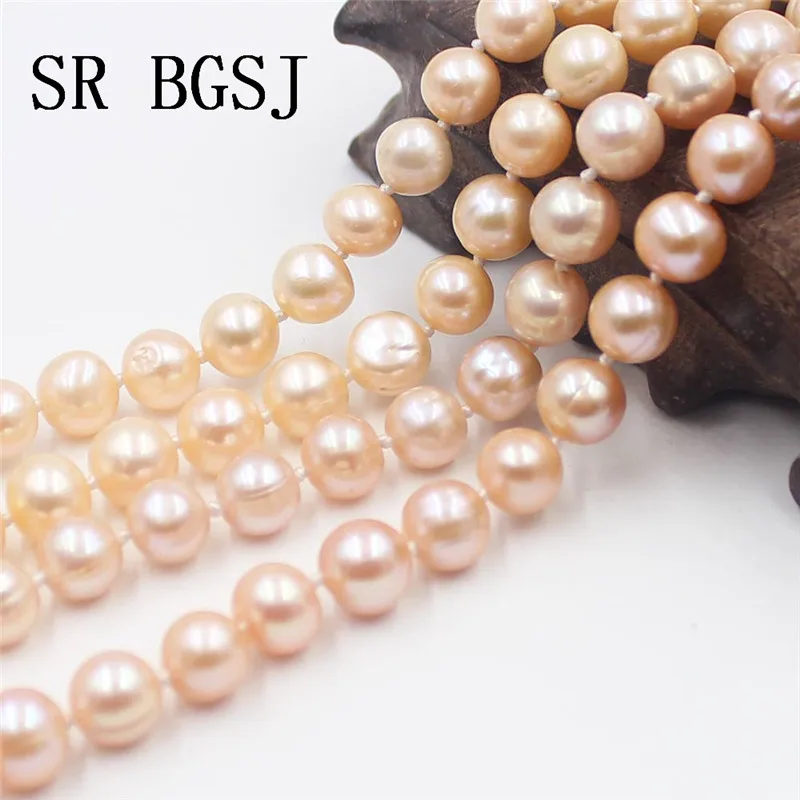 

Free Shipping 6-12mm Wedding Jewelry Round Pink Freshwater Pearl Knot Sweater Long Pearl Necklace 48" 64" 100