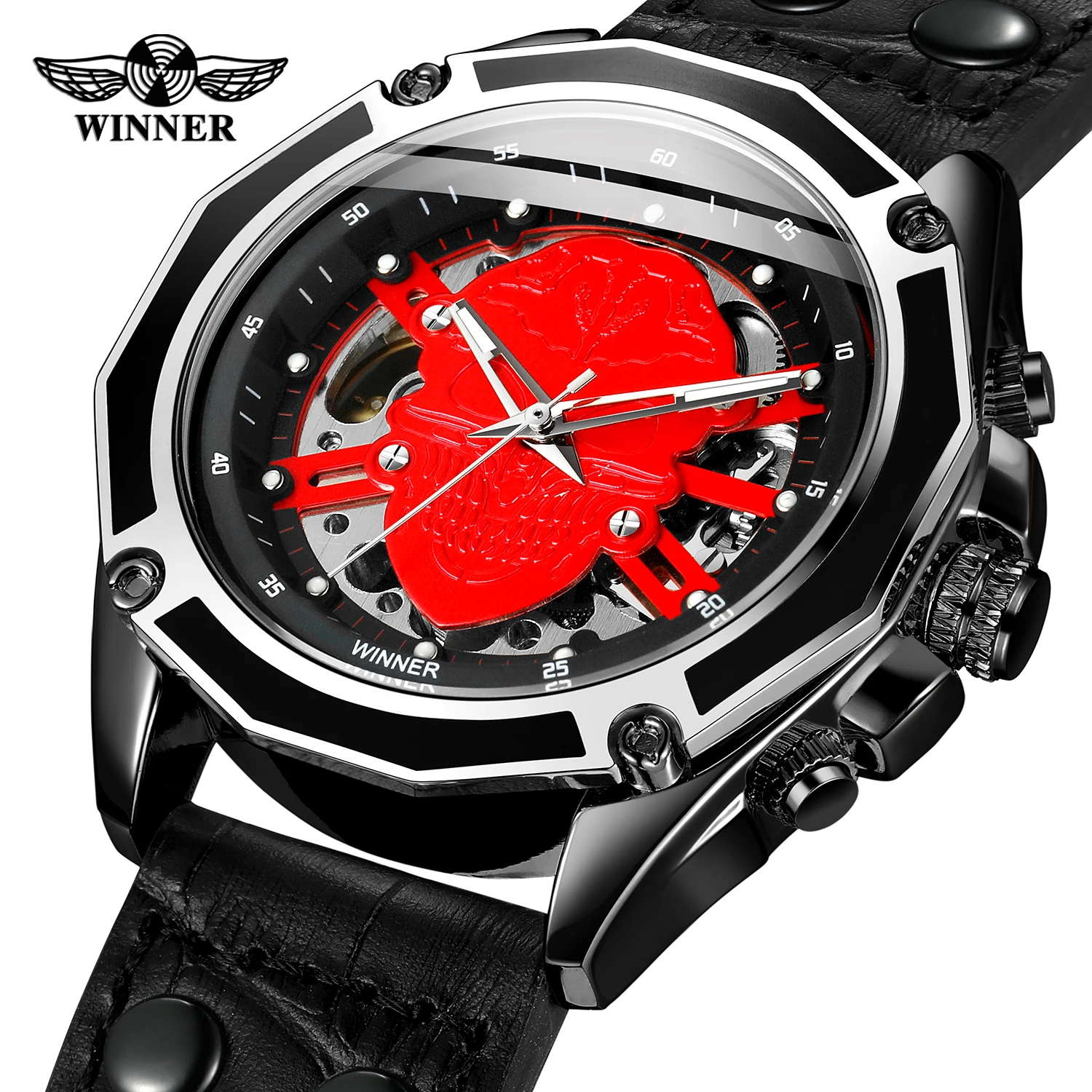 

Fashion Winner Dial Skull Skeleton Wristwatch For Men Self-winding Movement High-end Luxury Top Brand Leather Band