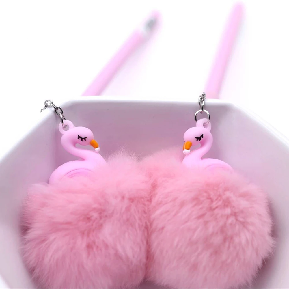 Hot 2Pcs 0.5mm Flamingo Gel Pens Pompom Pendant Black Ink Student Writing Supplies | Канцтовары для офиса и дома