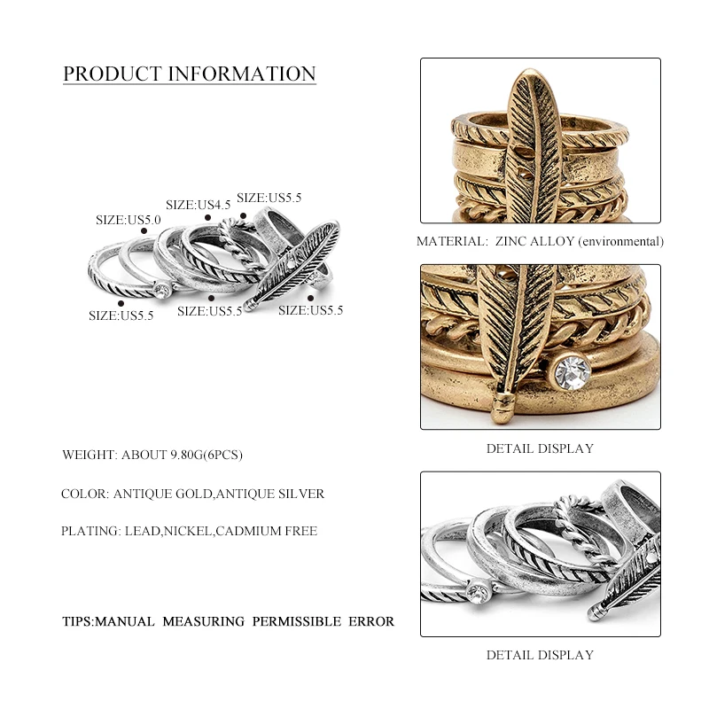 6 шт. для женщин Ретро стиль антиквариат в виде золотых перьев палец кольцо