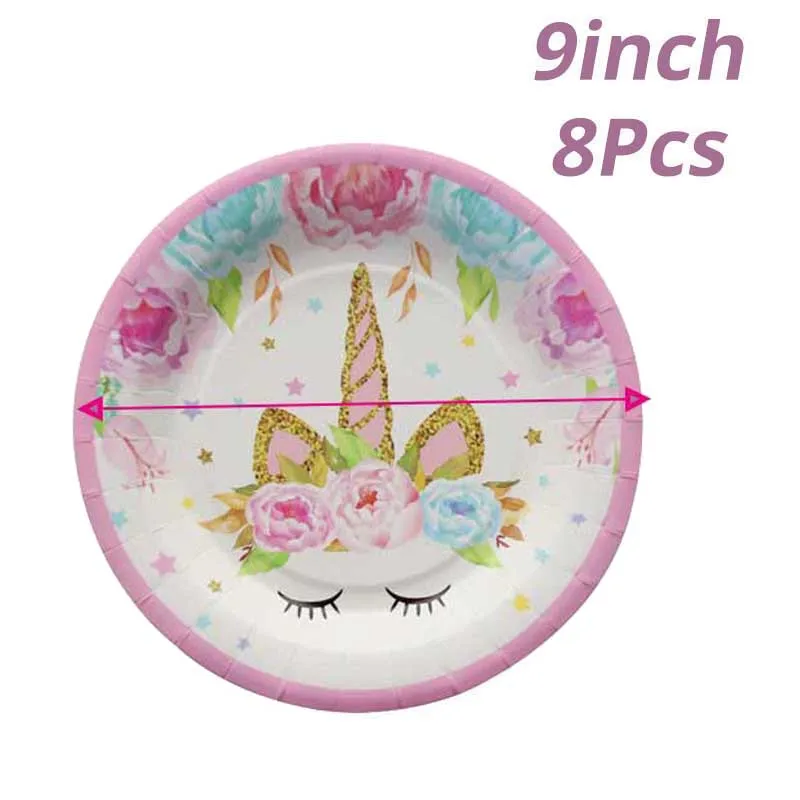 8pcs 9inch Plate Вечерние принадлежности в виде единорога, скатерть с единорогом на 1-й день рождения, бумажная салфетка для чашек, баннеров, Топпер для торта, украшения для свадьбы, для детского душа - Цвет: 8pcs 9inch Plate