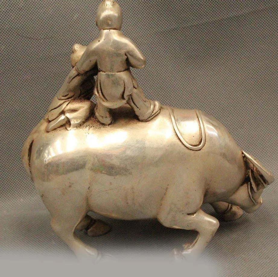 8&quot Lovely Chinese China Silver Cowboy Vaquero Children Kids Ride Bull Ox Statue | Дом и сад