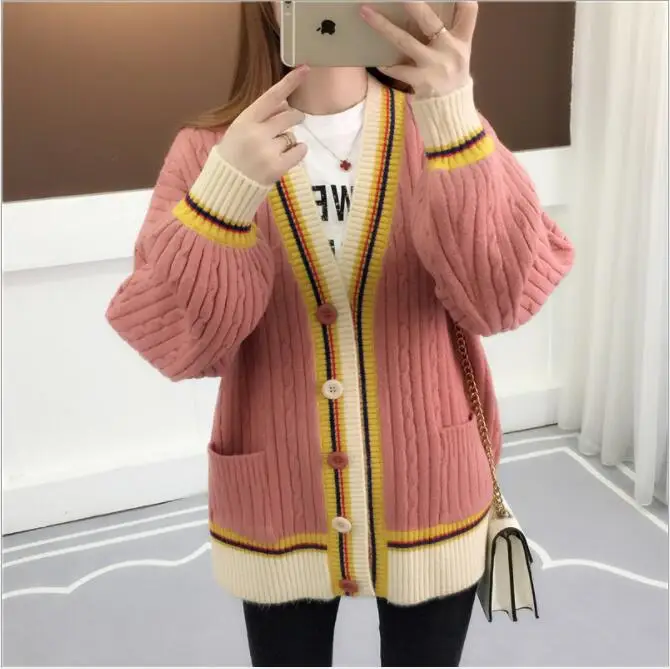 Женский вязаный кардиган с цветными блоками однобортный свитер v-образным