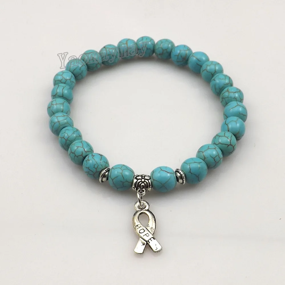 

12pcs/Lot 8mm Stretchy Turquoises Antique Hope Ribbon Charm Bracelets For Promotion