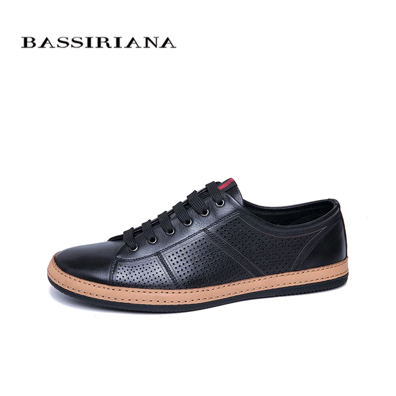 BASSIRIANA 2019 New Genuine Leather men casual shoes lace up comfortable round toe breathable black spring summer 39-45 size | Обувь