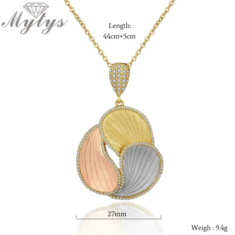 Mytys Three Tones Jewelry Sets for Women Dubai Pendant Necklace Earrings Sandblasting Brass Tricolor Gold GP Rhinestones | Украшения и