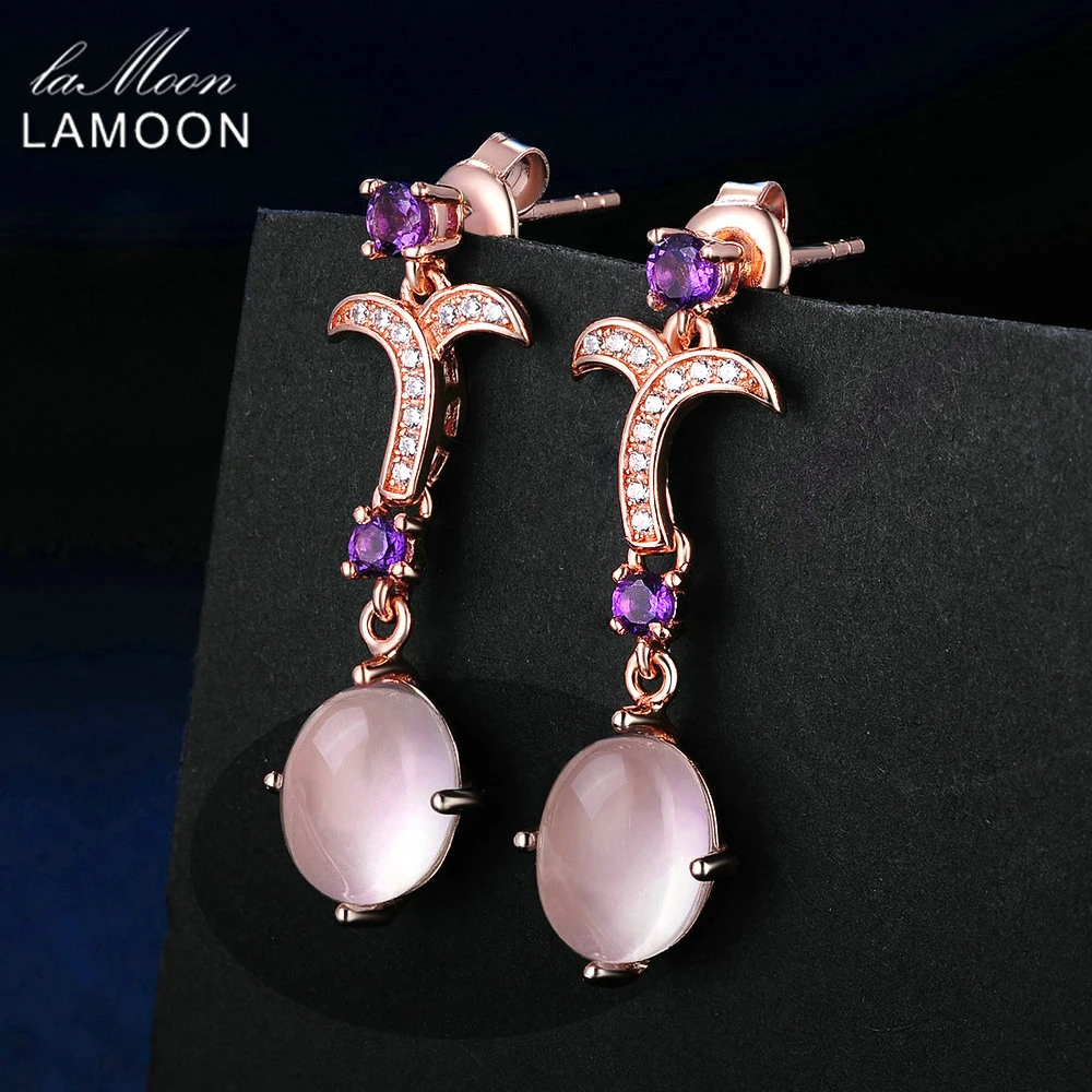LAMOON- 7X9mm 100% Natural Oval Pink Rose Quartz 925 Sterling Silver Jewelry Drop Earrings S925 LMEI010 | Украшения и аксессуары