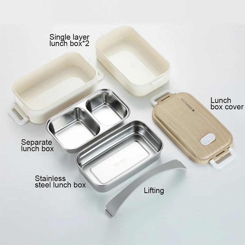2 Ярусный Ланч бокс Bento деревянный из нержавеющей стали Портативный для