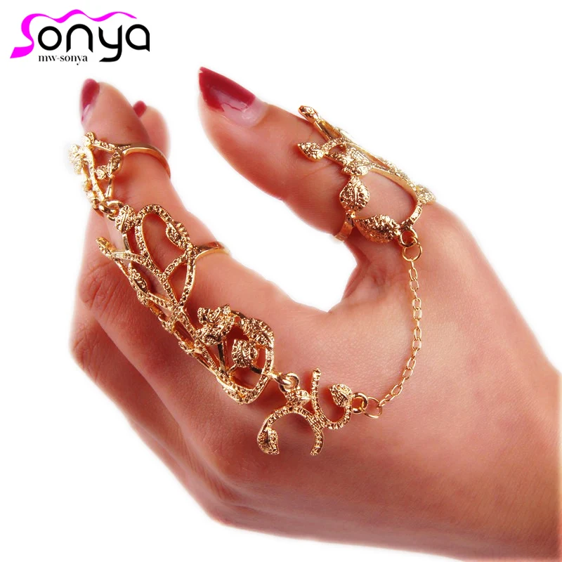 Hollow Flower Full Finger Rings Link Chain New Decor Armor Knuckle Open Ring Bohemian Fingers Accessories 4D3021