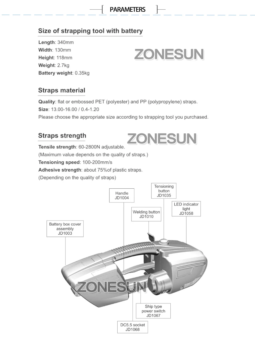 ZONESUN JD16 обвязочный инструмент с аккумулятором ручной ПЭТ коробка обвязочная машина пластиковый ремень упаковка PP пэт ремень Ширина 13-16 мм