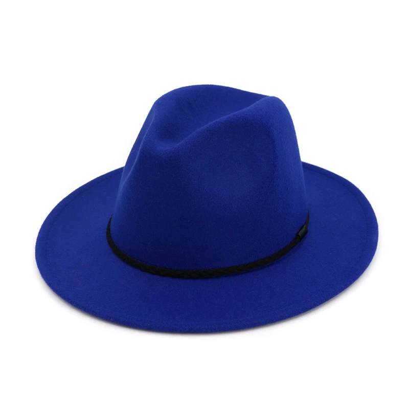 Royalblue QIUBOSS модная винтажная Женская шерстяная фетровая Мужская мягкая фетровая шляпа просто плетеная веревка украшенная Панама с плоским козырьком Джаз Формальные шляпы - Цвет: Royalblue