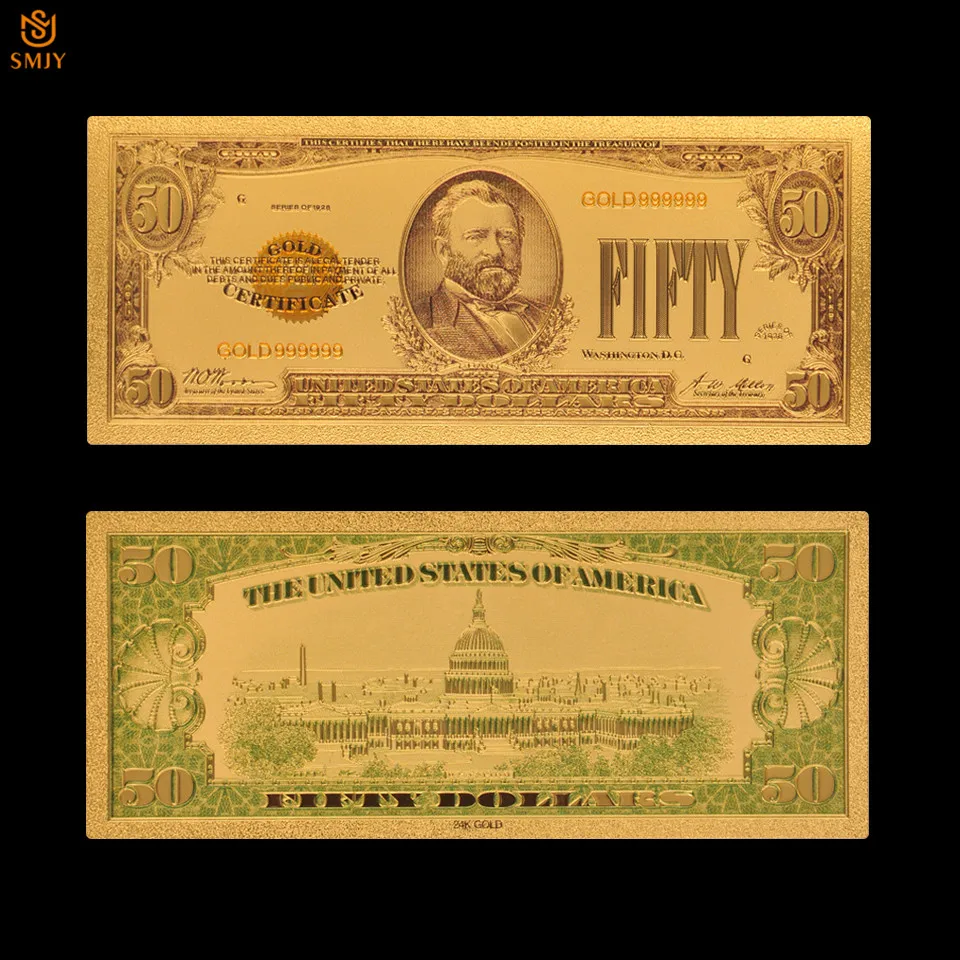 

1pcs 2018 Best Selling US Currency Paper Dollar Money 50 Dollar Gold Plated Banknote Collections And Fake Money Gift