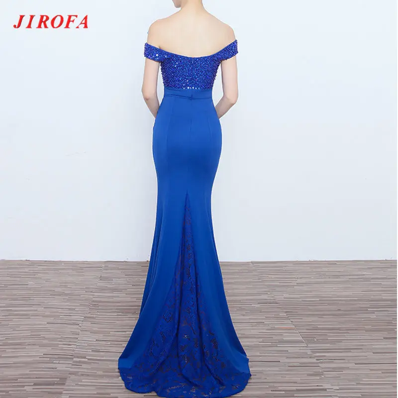 Женское вечернее платье с блестками JIROFA синее или красное вырезом лодочкой