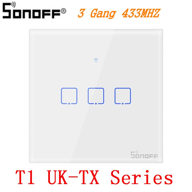 T1 UK-TX 3 Gang Интеллектуальный выключатель света SONOFF T1 стандарта ЕС, США, Великобритании TX Интеллектуальный переключатель Wi-Fi Сенсорный экран пульт дистанционного управления Вкл/Выкл 1/2/3 433 МГц RF/Голосовое управление/приложение/сенсорный экран Управление 86 Тип умный дом - Комплект: T1 UK-TX 3 Gang