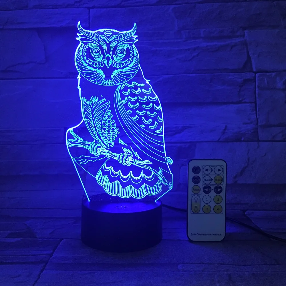 3D ночник с дистанционным или сенсорным управлением в виде совы RGB сменсветильник