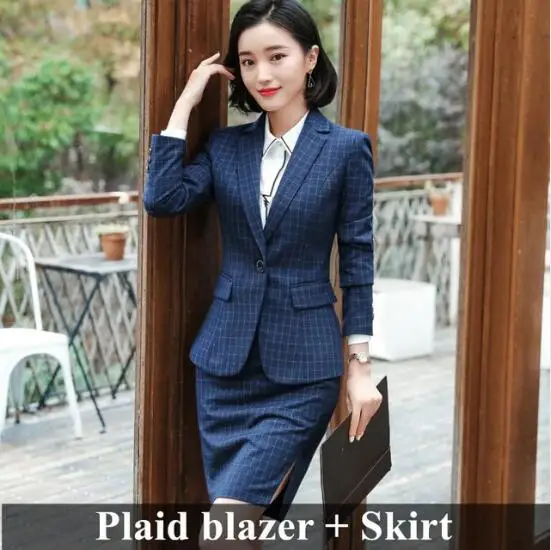 plaid coat and skirt Весенняя мода клетчатое платье костюмы для женщин темперамент Бизнес Тонкий Блейзер и брюки наборы офисных дам интервью Рабочая одежда - Цвет: plaid coat and skirt