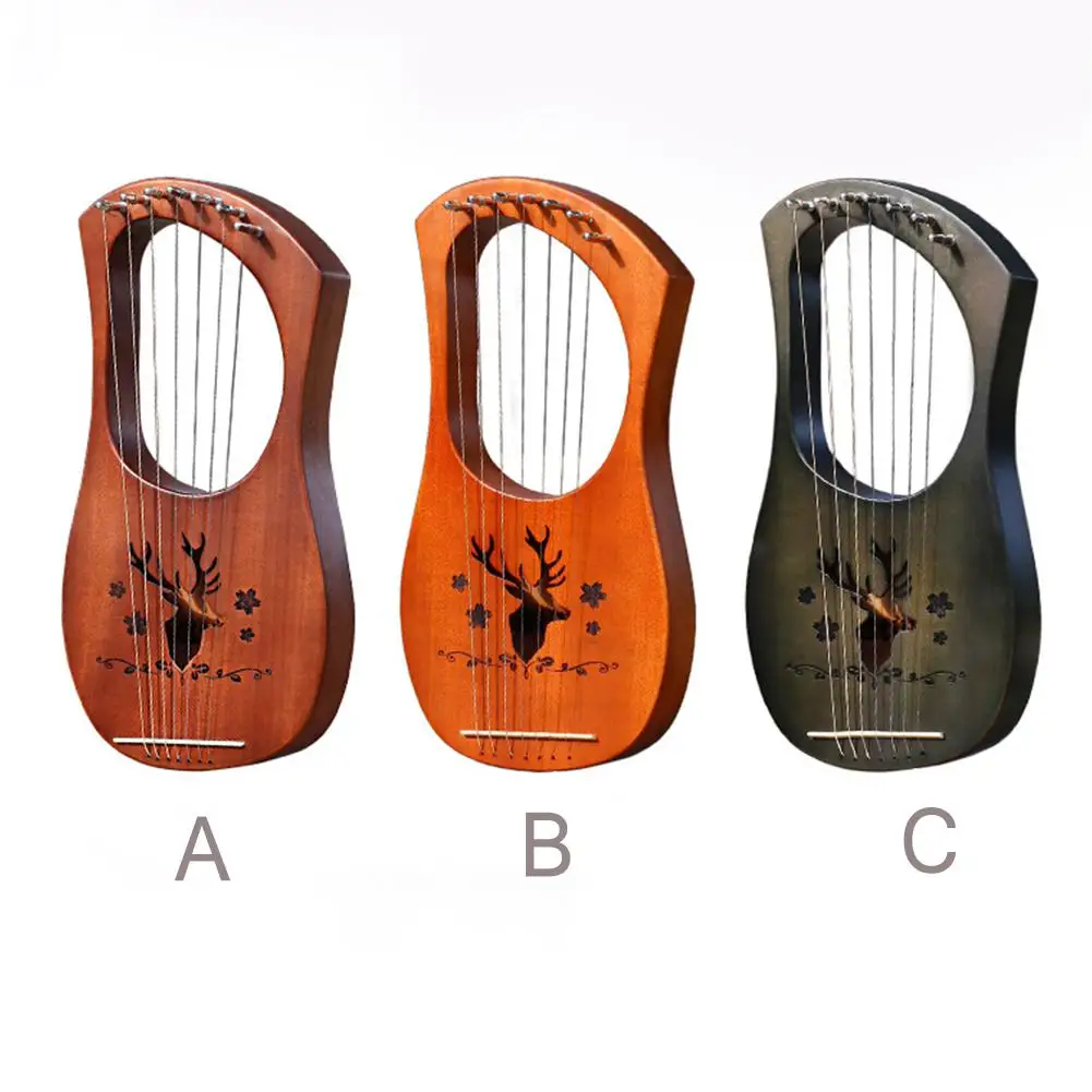 7 Strings Harp Lyre Strings Instrument Reindeer Pattern Mahogany Wood 7 Tone C Key Stringed Instruments for Music Lovers Gift
