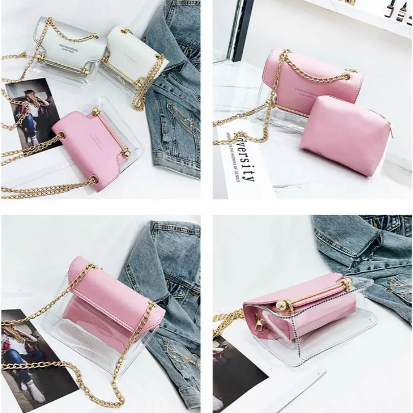 2019 Trend Women 2pcs/Set Shoulder Bag PU+PVC Fashion Ladies Transparent Jelly bag Patchwork Candy Color Crossbody bags Hot Sale | Багаж и