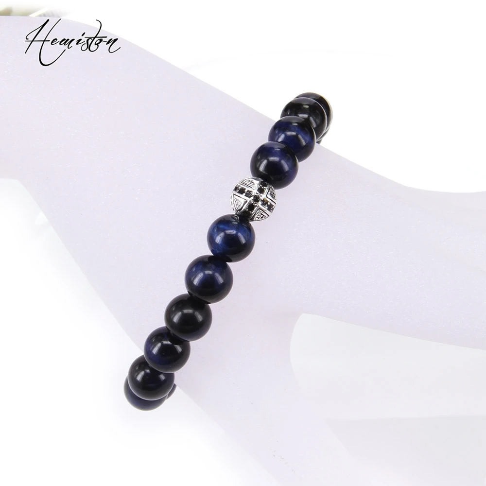 Браслет эластичный мужской с синими бусинами тигрового глаза 8 мм|bracelet with|elastic