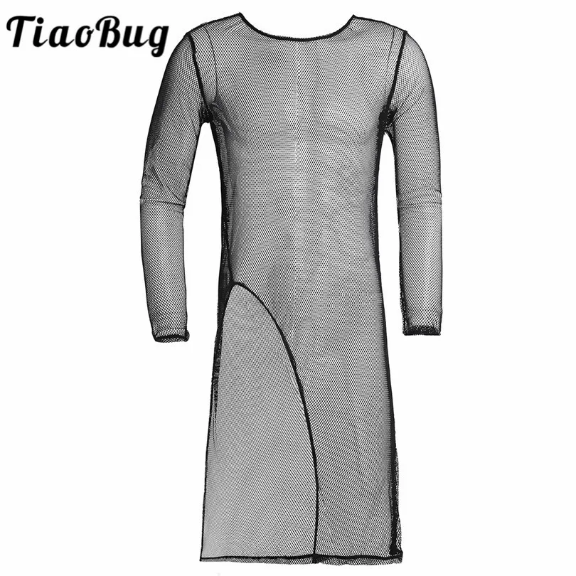TiaoBug черная сетчатая прозрачная Мужская футболка с длинными рукавами и круглым