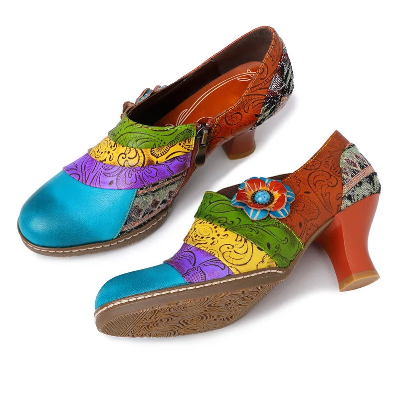 

Vintage Bohemia Genuine Leather Clover Pattern Splicing Colorful Floral Lace Zipper Comfortable Pumps Brogue Shoes