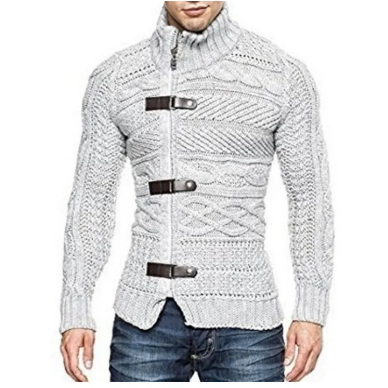 Grayish white SMONSDLE, осенне-зимний брендовый свитер, кардиган, Мужской Повседневный тонкий свитер, мужской теплый толстый свитер с высоким воротом, мужской S-3XL - Цвет: Grayish white