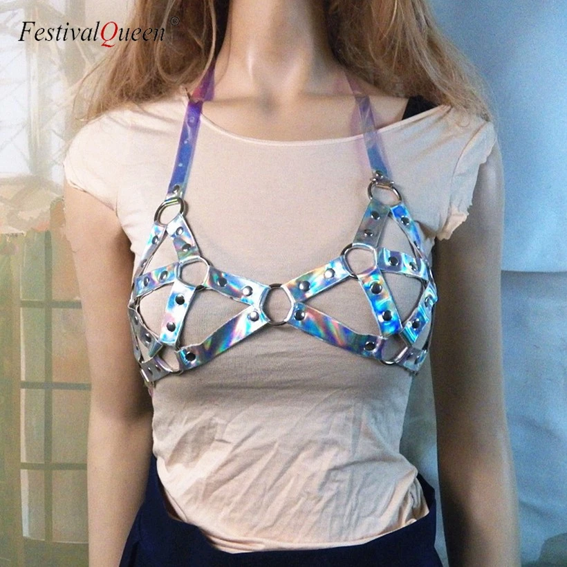 FestivalQueen Женский комплект 2 шт лазерный пояс укороченный топ на бретельках без спинки голографический поясной ремень металлическую цепь с кисточкой Сплит мини-юбка