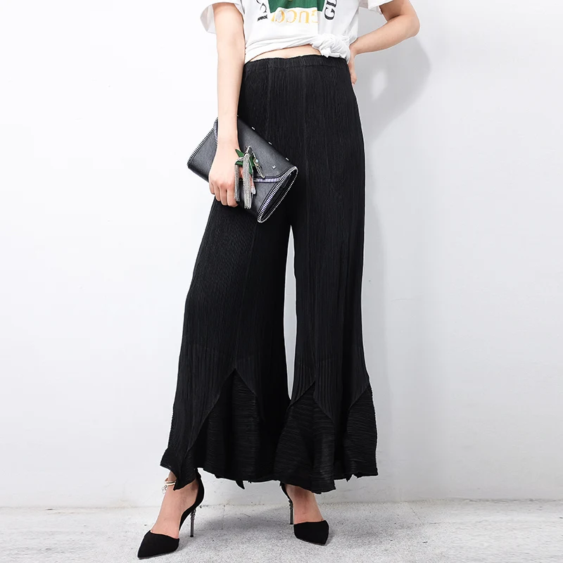 HOT SELLING Miyake Loose pleated wide leg pants female solid color casual trousers horn IN STOCK