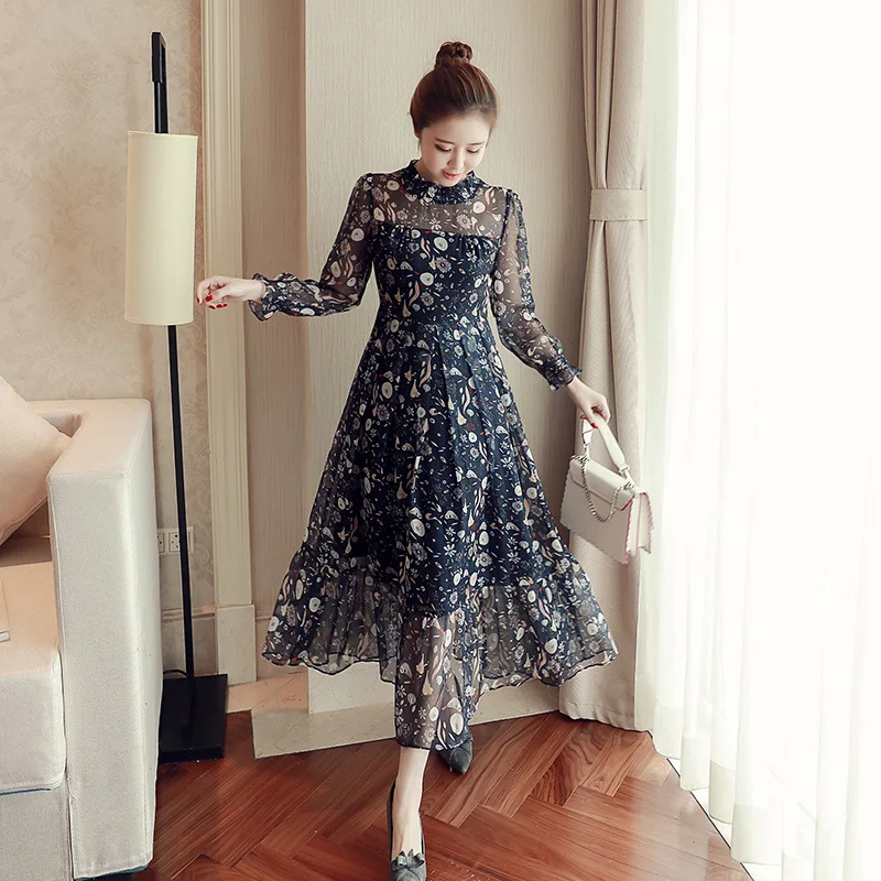 Женское шифоновое платье трапеция с длинным рукавом облегающее винтажное макси