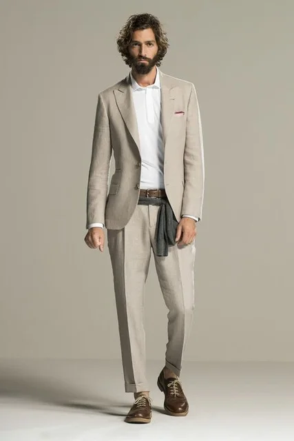 

Tailor Beige Linen Summer Beach Mens Suit Groom Tuxedos Groomsmen Wedding Blazer Suits For Men Stylish 2pieces (Jacket+Pants)