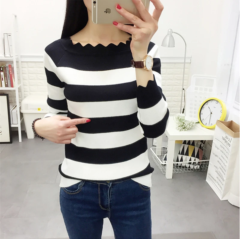 Фото 2017 new hot sale women's spring autumn knit pullover sweaters woman Wave collar striped sweater 3 colors Женская одежда 2017 new hot sale women's spring autumn knit pullover sweaters woman Wave collar striped sweater 3 colors Женская одежда