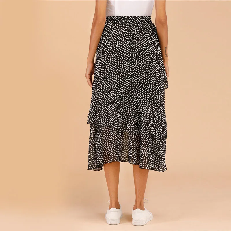 Dotfashion черно-белая многослойная юбка с принтом для женщин Лето Бохо весна Дамская мода трапециевидная Юбка со средней талией
