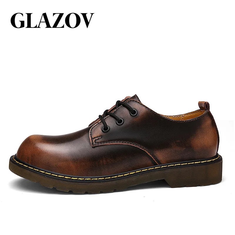 Brown GLAZOV/брендовые новые кроссовки для ношения на улице, мужская обувь на плоской подошве со шнуровкой, мужская обувь, мужские мокасины из качественной кожи, рабочая обувь, 38-46 - Цвет: Brown