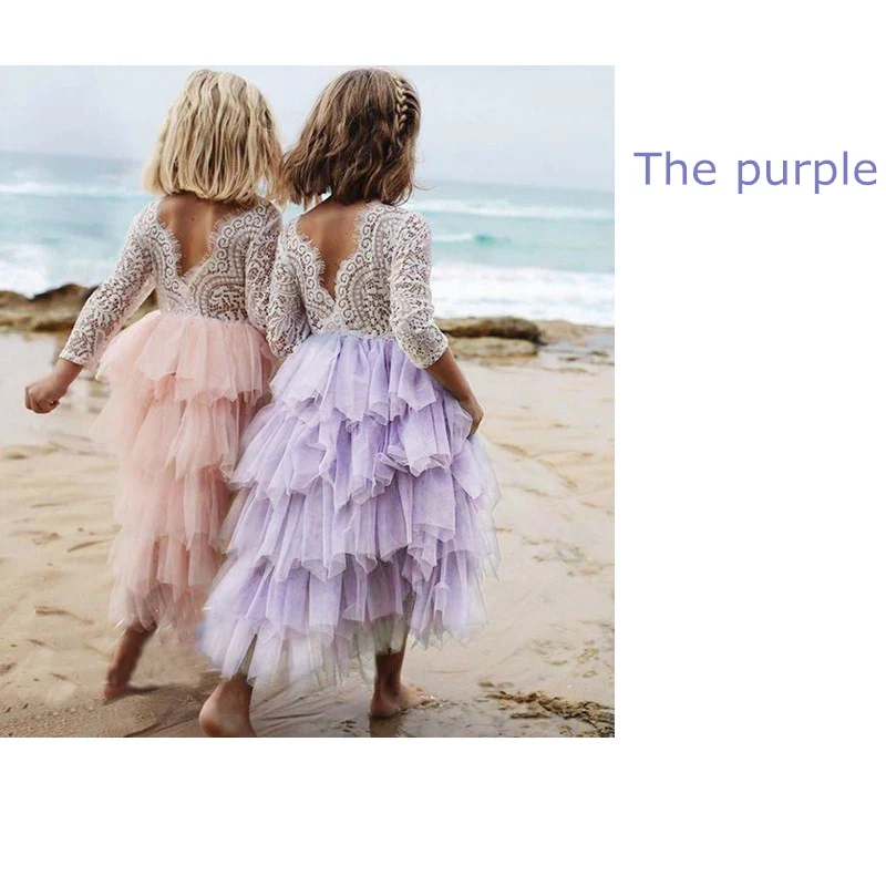 Long-sleeves purple Платья сказочной принцессы для девочек, костюм для фотосессии, бальное платье для выпускного вечера, нарядное платье для маленьких девочек на праздник, летнее платье для девочек возрастом от 3 до 8 лет, Vestidos - Цвет: Long-sleeves purple