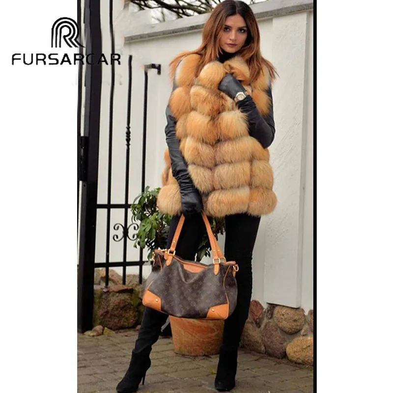 

FURSARCAR 2020 Winter Women's Real Fox Fur Vest 75 cm Length New Fashion Thick Natural Gold Fox Fur Gilet Square Style Fur Vest