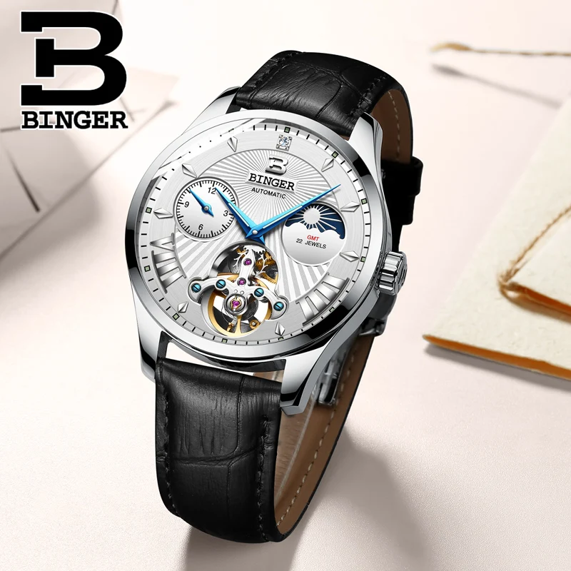 Мужские автоматические часы BINGER Tourbillon модные механические с сапфировым месяцем