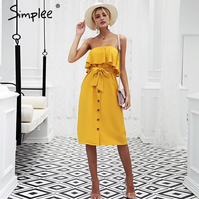 Simplee без бретелек пуговицы спереди оборками сексуальное платье Для женщин