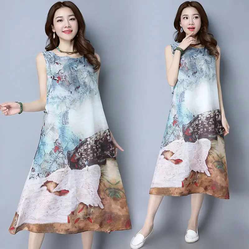 2017 Hot Sale Girl Chinese Style Vintage Printing Dress Pure Natural Cotton And Linen Vestido De Festa Elegant Women Party | Тематическая