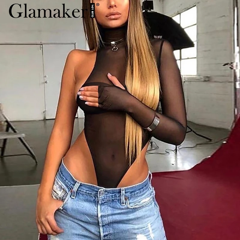 Женский сетчатый комбинезон Glamaker черный пикантный короткий с одним рукавом