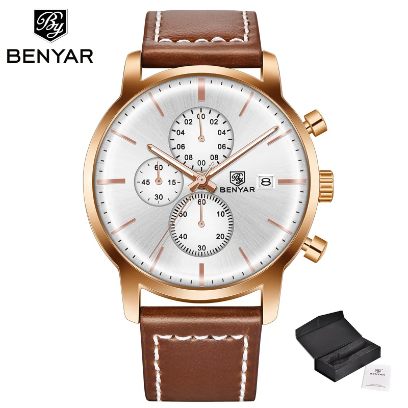 Gold-White BENYAR мужские часы Новые Топ брендовые Роскошные хронограф спортивные часы мужские часы водонепроницаемые/Кварцевые/часы Relogio Masculino - Цвет: Gold-White