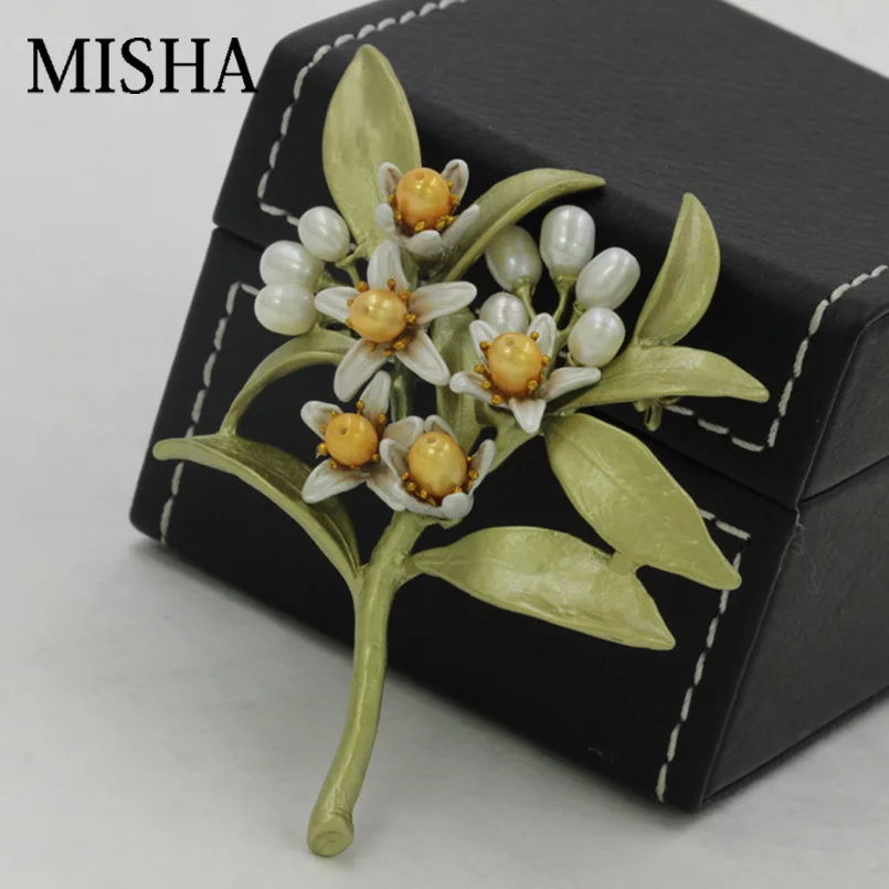 Женская брошь в форме цветка MISHA свадебная с натуральным оранжевым жемчугом