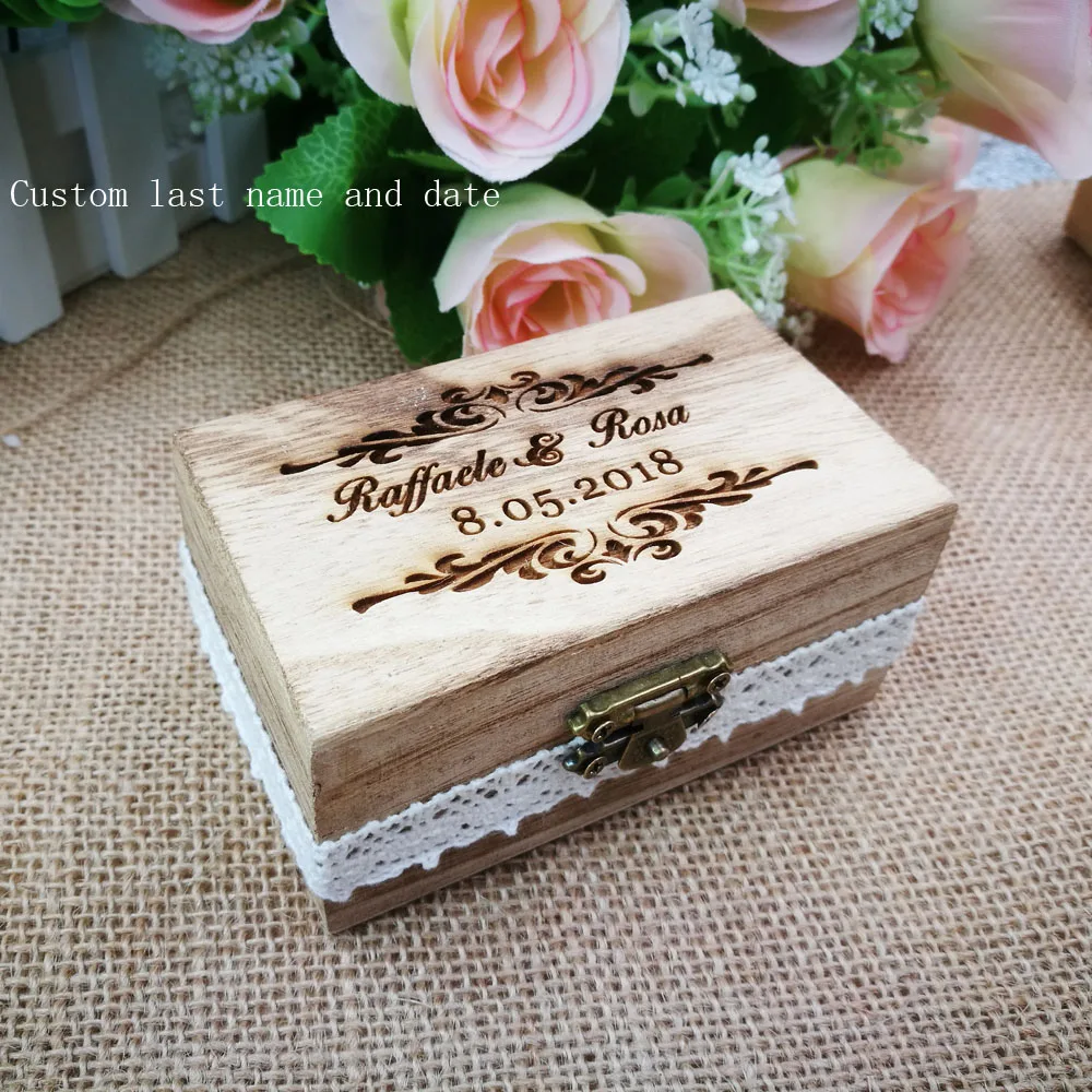 

Customized Your Names and Date Engrave Wood Wedding Ring Box with love heart Personalized Gift Rustic Wedding Ring Bearer Box