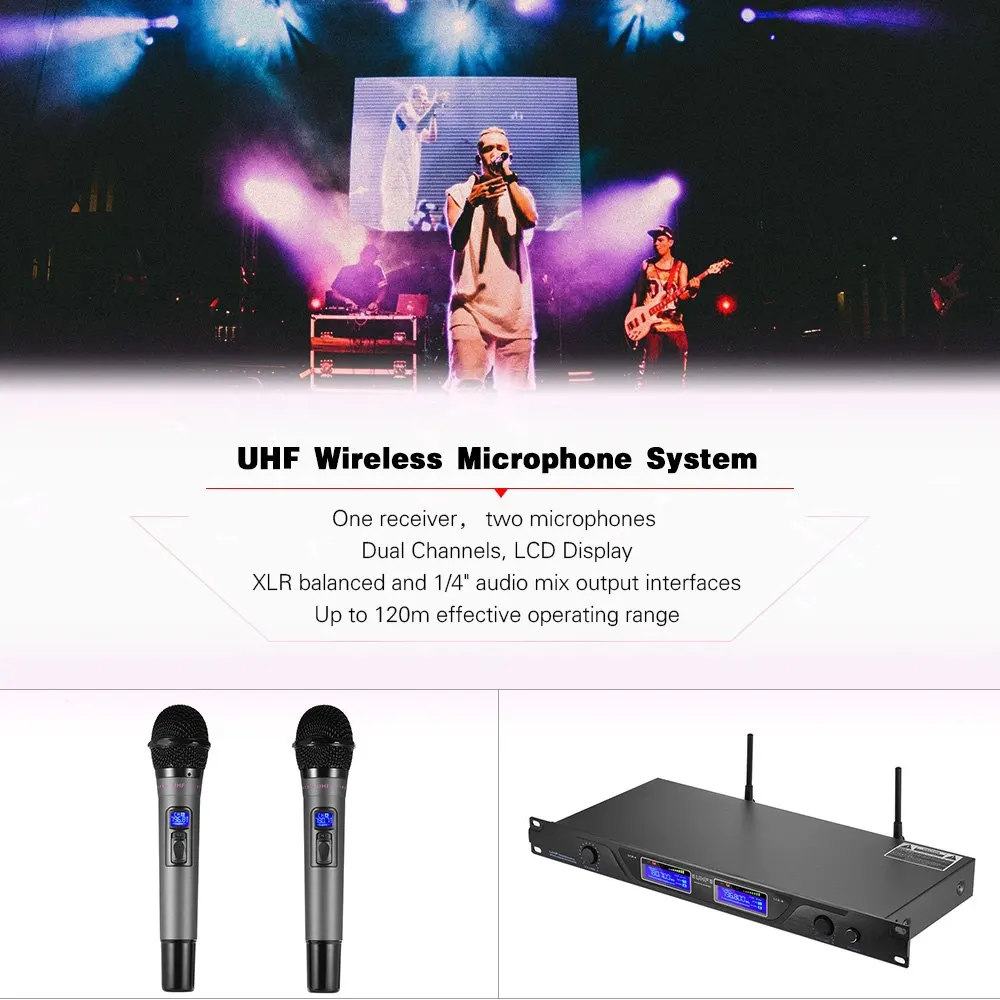 Профессиональный UHF беспроводной микрофон микрофонная система двухканальный ЖК